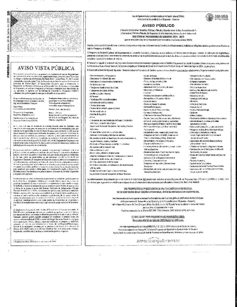 AVISO – REGISTRO DE PROVEDORES DE SERVICIOS 2021-2022