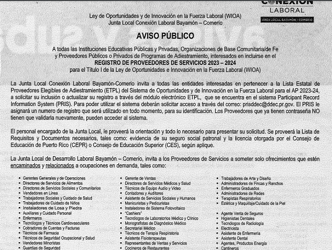 Aviso Público: Registro de Proveedores de Servicio 2023-2024