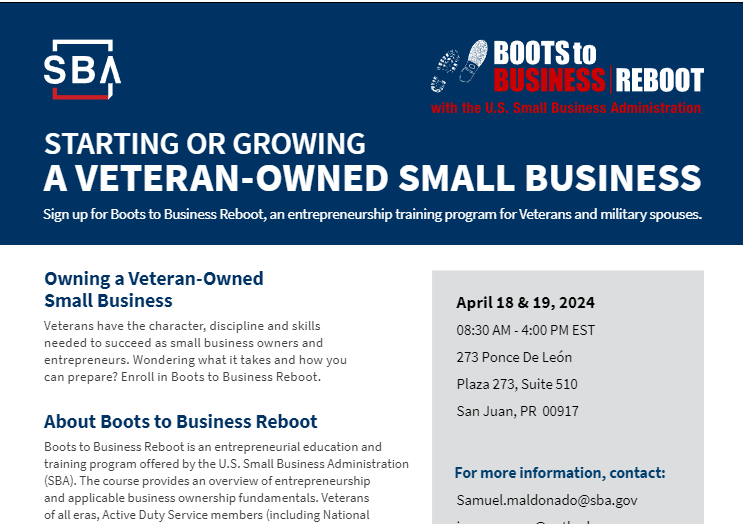 Evento SBA, Boots to Business Reboot, Abril 18 y 19, 2024