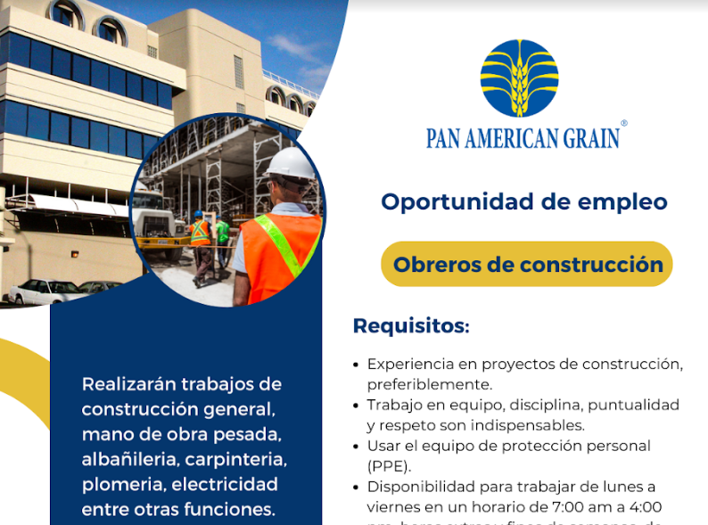 Oportunidad de empleo: Obreros de Construcción